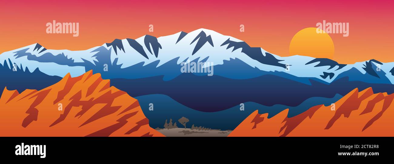 Montagne Valle e Red Rocks paesaggio paesaggistico Vector Illustrazione Illustrazione Vettoriale