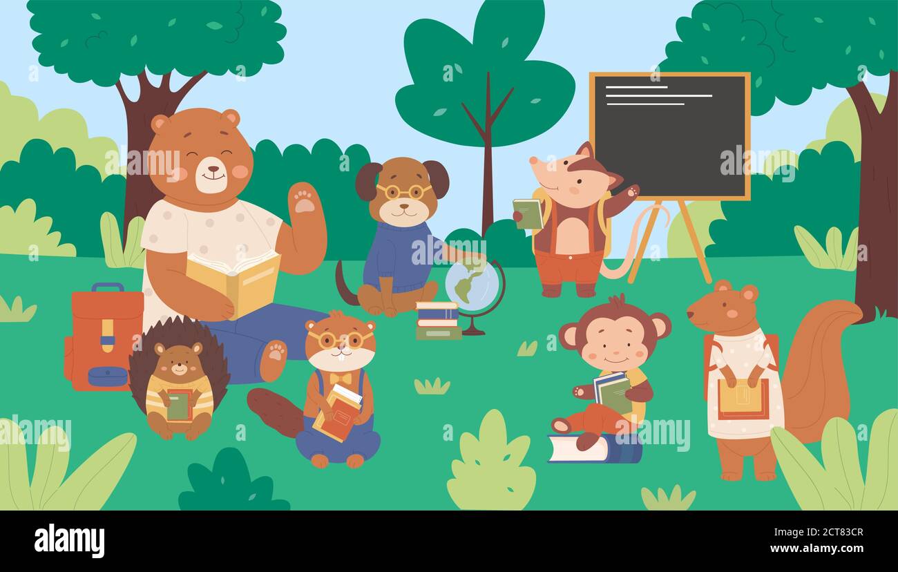 Animali della foresta in illustrazione del vettore della scuola. Cartoon piatto cute selvaggio animalistico studenti personaggi bambini seduti su prato verde tra alberi di foresta, scolarizzazione e studio in background classe Illustrazione Vettoriale