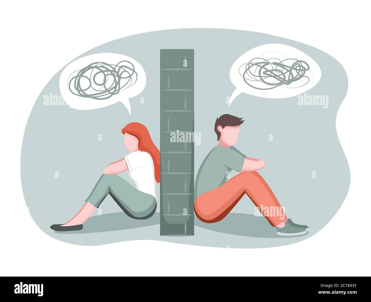 Divorzio, rottura, concetto di separazione. Uomo depresso e donna divisa da muro di pietra, coppia sposata con problemi di relazione, illustrazione vettoriale Illustrazione Vettoriale