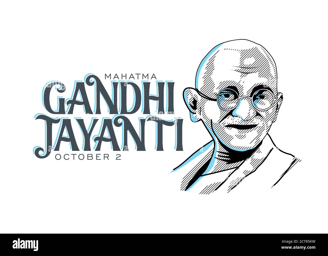 Vettore di disegno di linea Mahatma Gandhi con Gandhi Jayanti Text White Sfondo Illustrazione Vettoriale