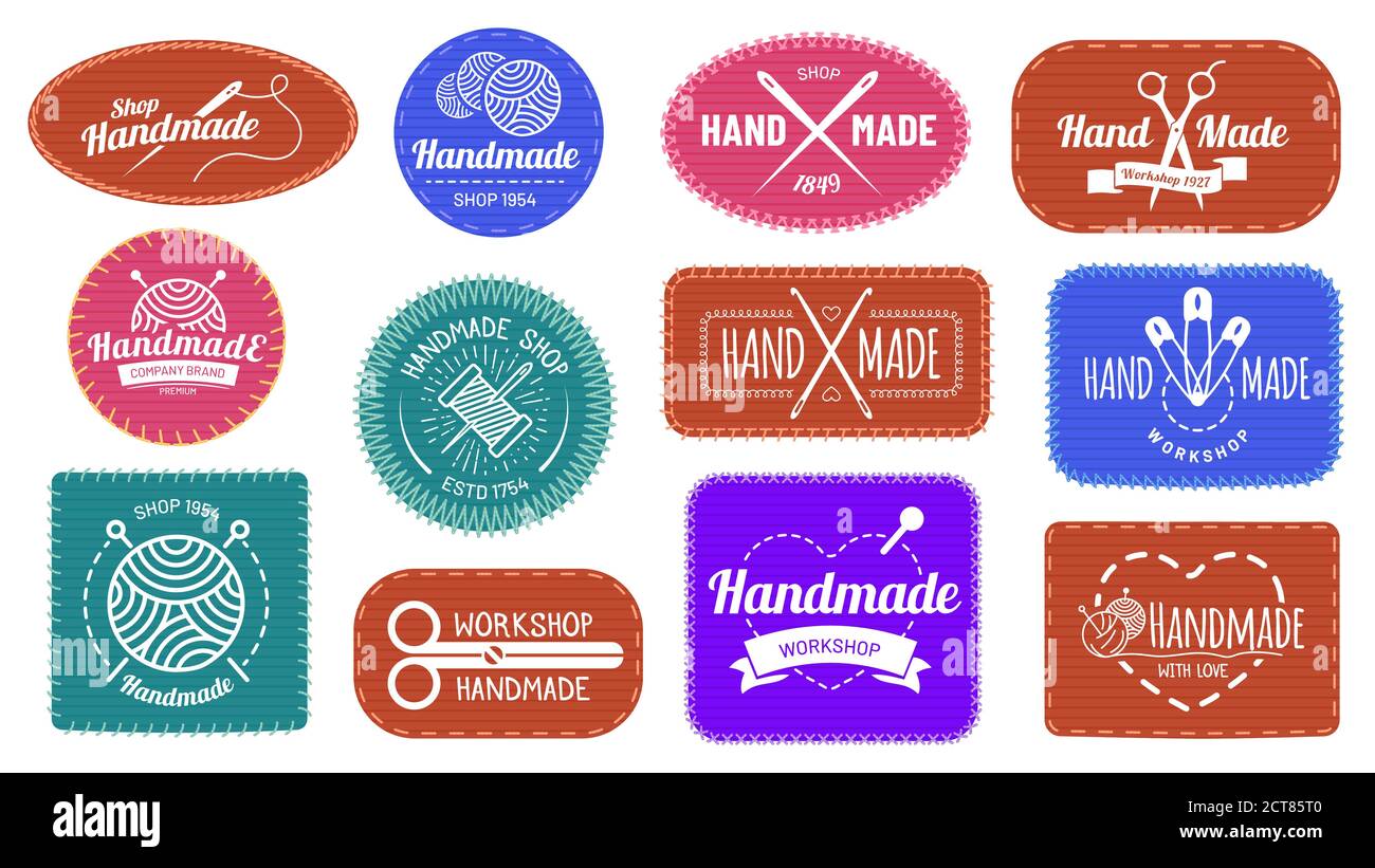 Logo di badge fatti a mano, etichetta di logotipo grafico, azienda artigianale di qualità, artigianato su misura e cucito, illustrazione vettoriale Illustrazione Vettoriale