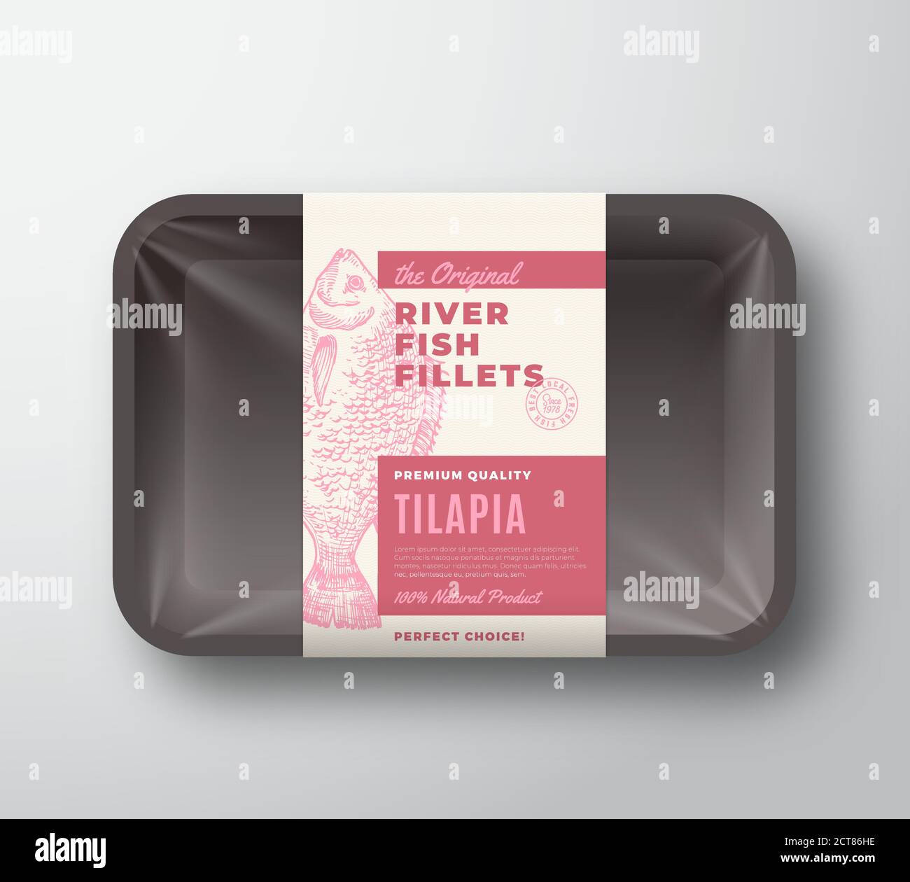 Etichetta di progettazione del packaging vettoriale astratto dei filetti di pesce originali su vassoio di plastica con coperchio in cellofano. Tipografia moderna e Tilapia disegnata a mano Illustrazione Vettoriale