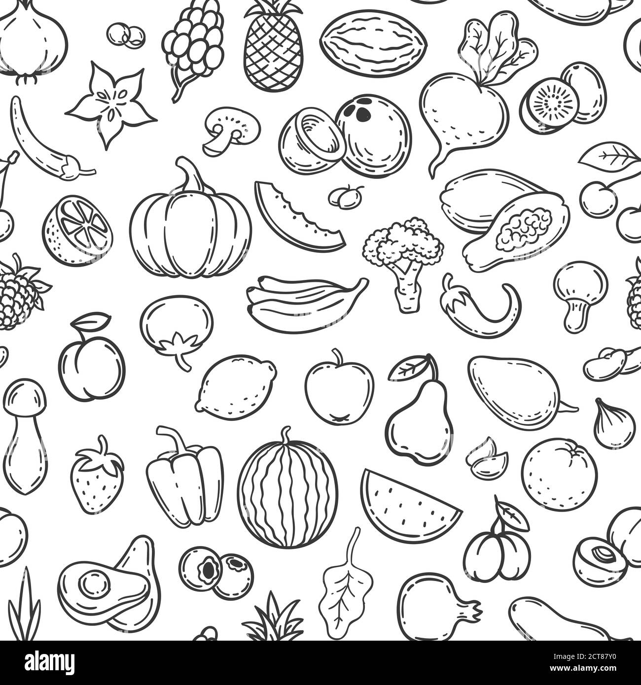 Verdure e frutta. Contorno disegnato a mano frutta e verdura icone, stile di vita vegano, cibo sano biologico, vettore doodle modello senza giunture. Contour fr Illustrazione Vettoriale
