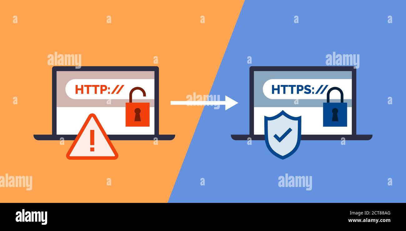 Protocolli HTTP e HTTPS, navigazione sicura sul Web e crittografia dei dati Illustrazione Vettoriale