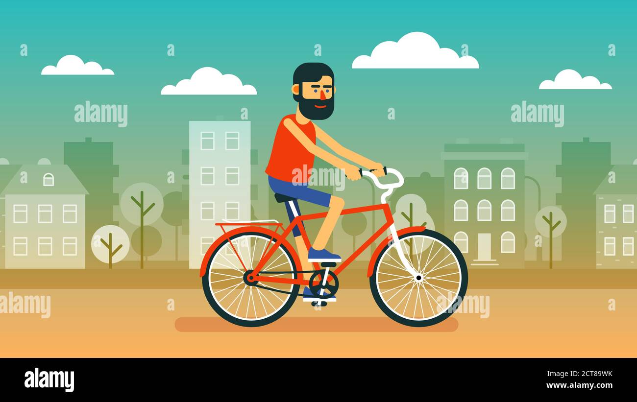 Il ciclista positivo e bearded su una bicicletta rossa corre per le strade della città. Illustrazione Vettoriale Il ciclista positivo e bearded su una bicicletta rossa corre per le strade della città. Illustrazione Vettoriale