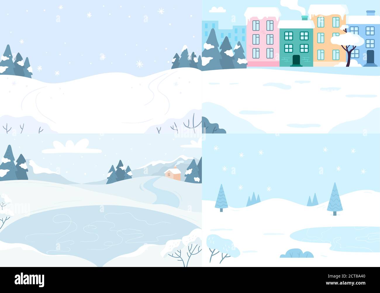 Scuole di paesaggi invernali. Vettore neve stagione natale, carta fredda natura, lago scenario esterno e neve coperta illustrazione Illustrazione Vettoriale