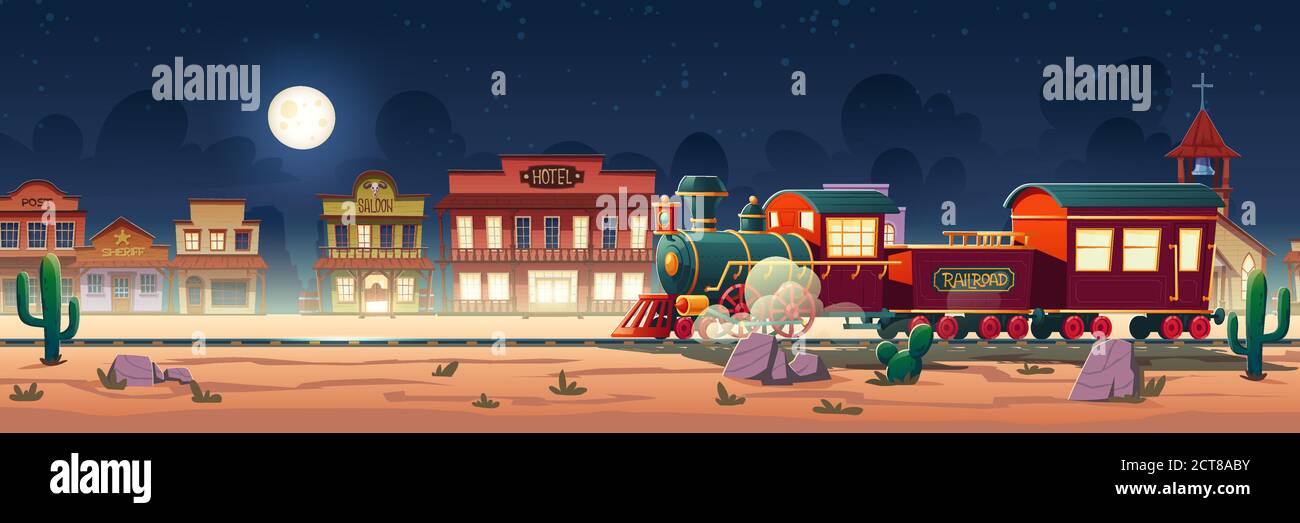 Treno a vapore selvaggio West di notte città occidentale con ferrovia, locomotiva d'epoca, paesaggio del deserto, cactus e vecchi edifici in legno della città hotel, post, saloon, sceriffo e cartoni animati chiesa illustrazione vettoriale Illustrazione Vettoriale