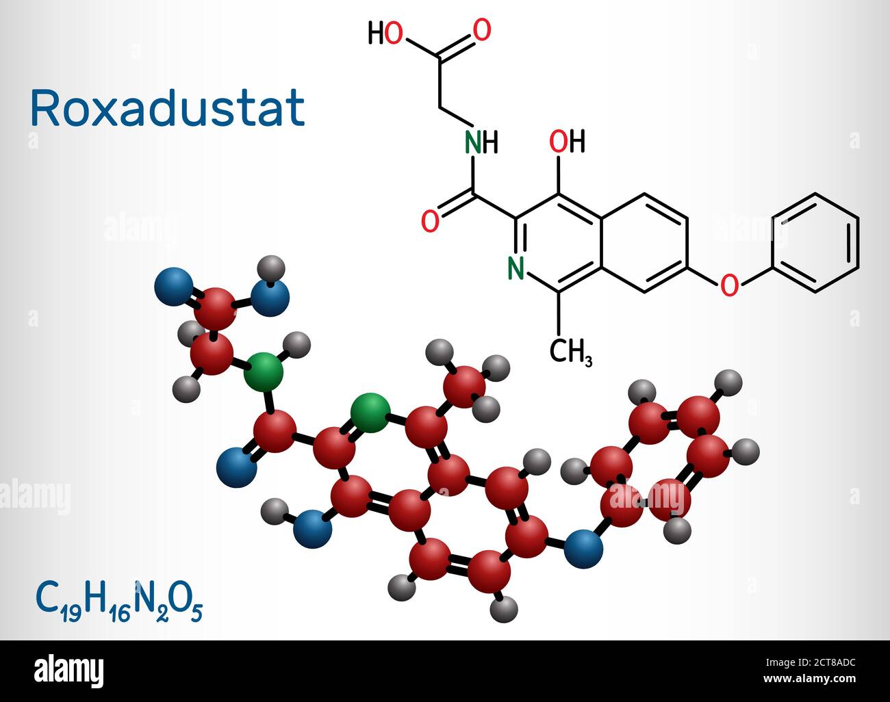 Molecola di Roxadustat. È un inibitore della prolil idrossilasi, stimola la produzione di emoglobina e globuli rossi. Formula chimica strutturale e mole Illustrazione Vettoriale
