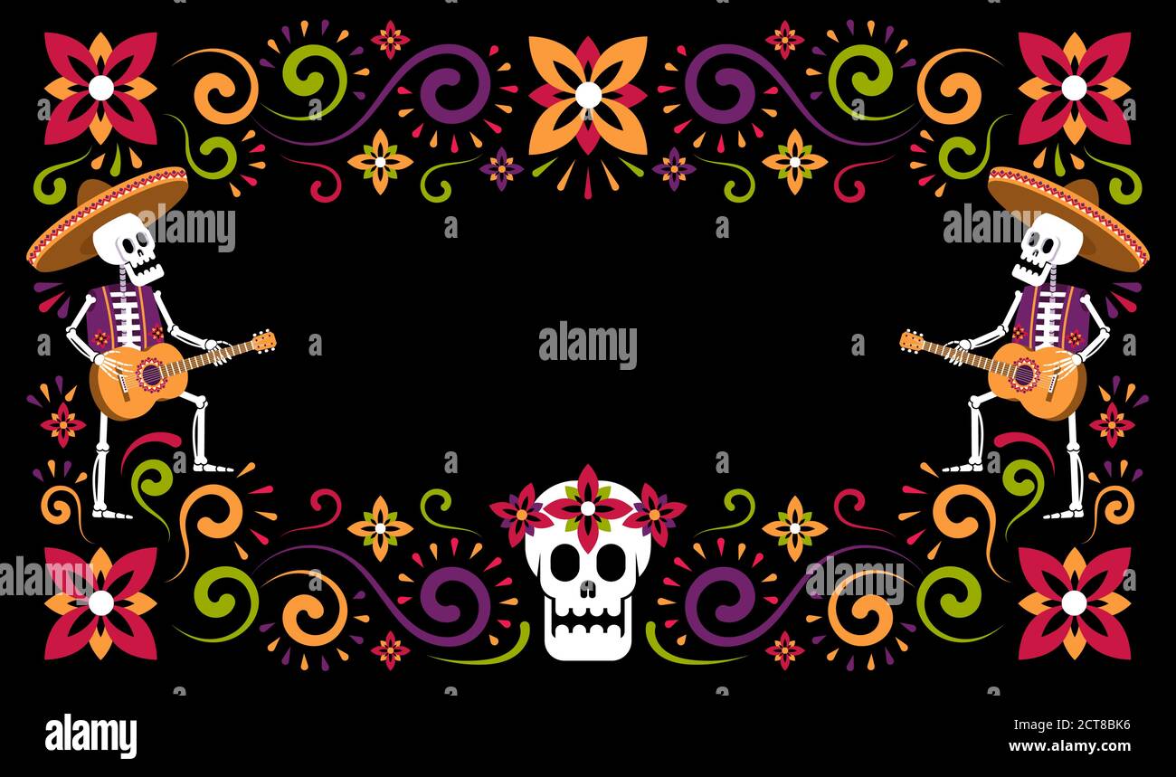 Dia de Muertos volantino floreale halloween messicano. Giorno di morti con scheletri e cranio di zucchero. Illusione vettoriale. Illustrazione Vettoriale