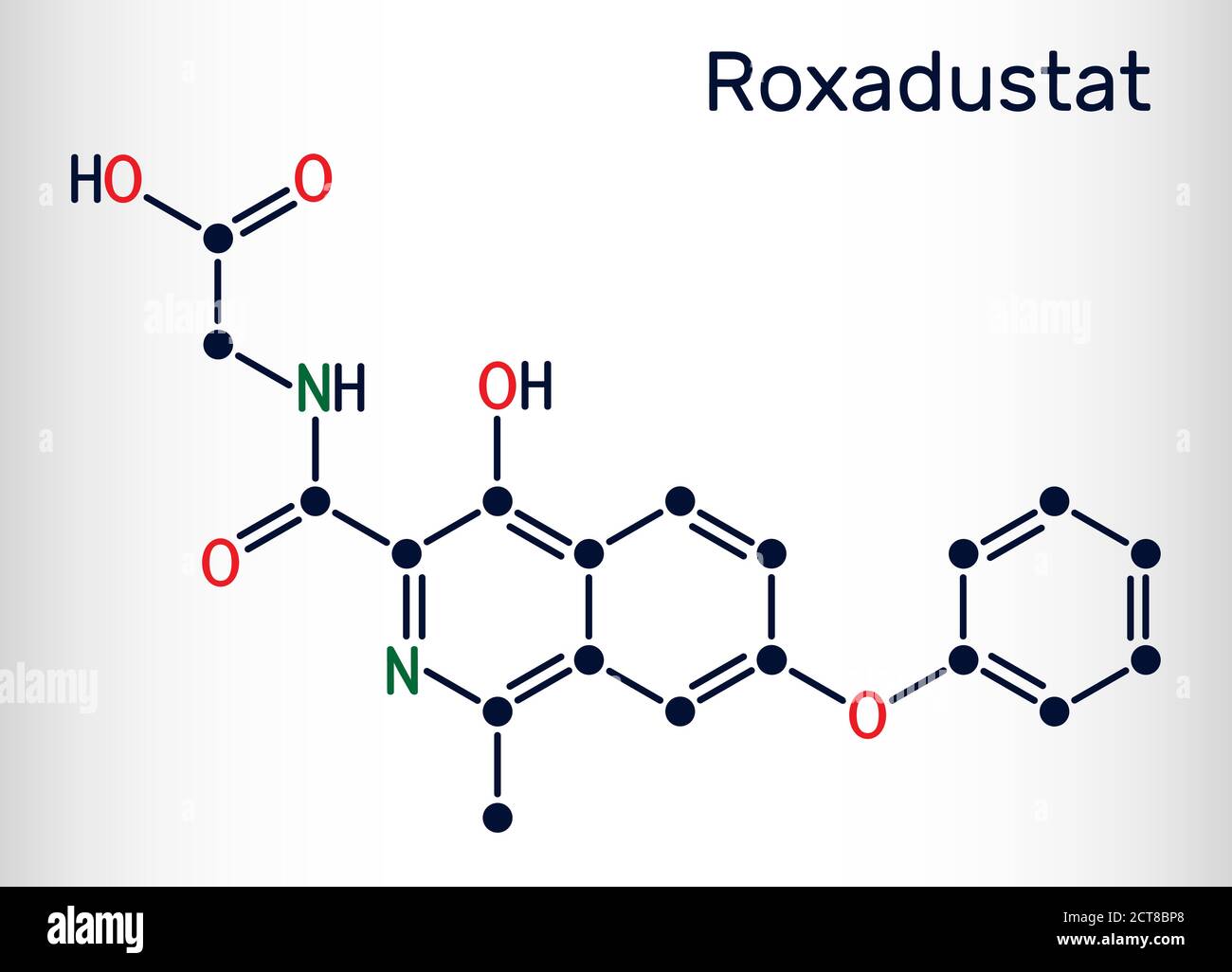 Molecola di Roxadustat. È un inibitore della prolil idrossilasi, stimola la produzione di emoglobina e globuli rossi. Formula chimica scheletrica. Vettore il Illustrazione Vettoriale