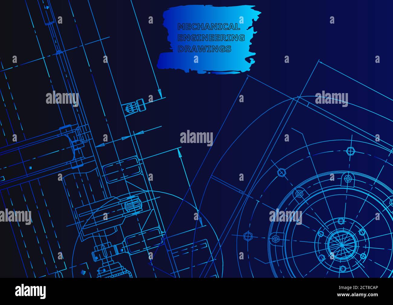 Coperchio. Disegni tecnici vettoriali. Fabbricazione di strumenti meccanici. Background tecnico. Neon blu Illustrazione Vettoriale