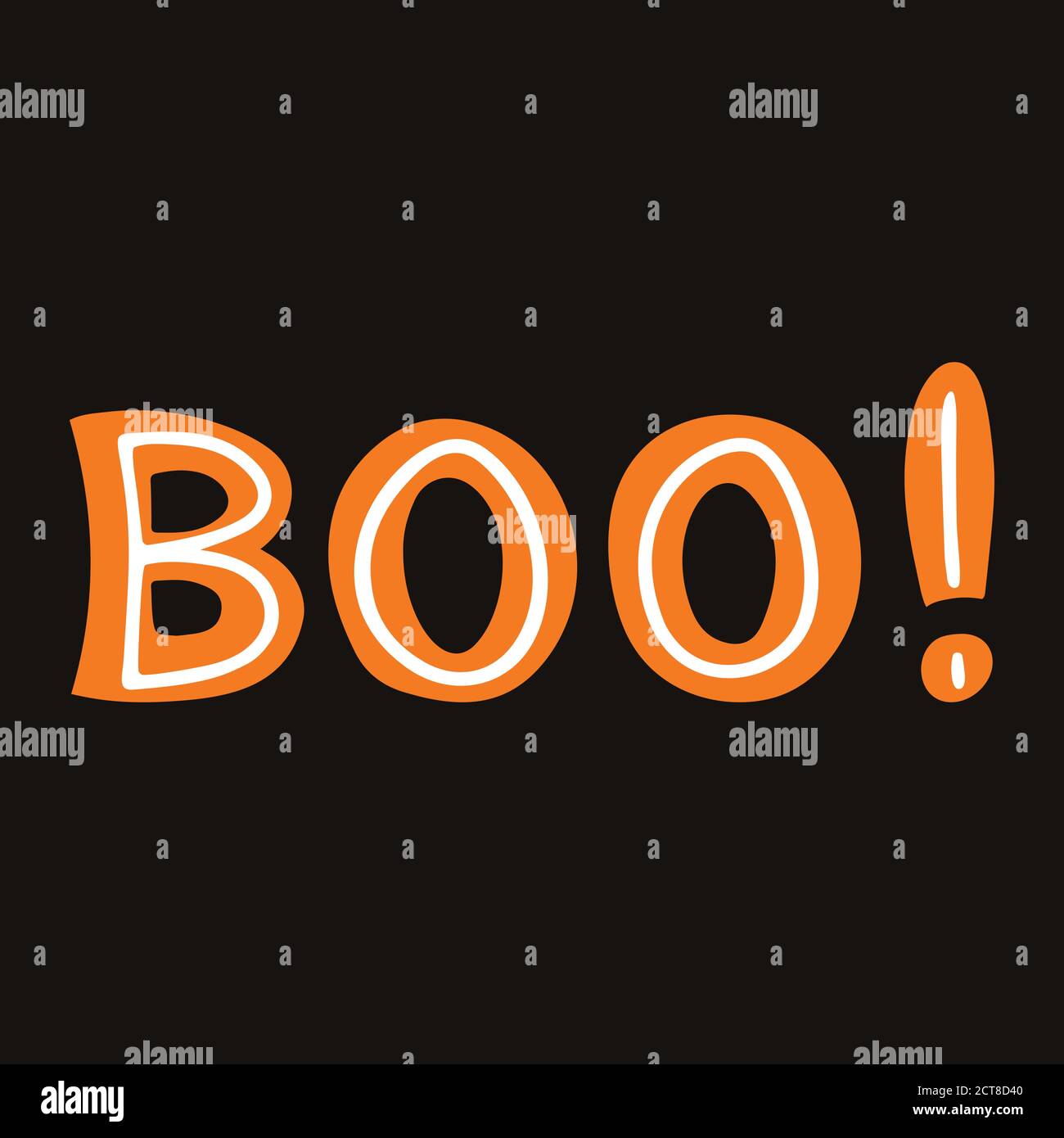 Boo. Scritta arancione con linee bianche su sfondo scuro. Illustrazione di stock vettoriale. Illustrazione Vettoriale