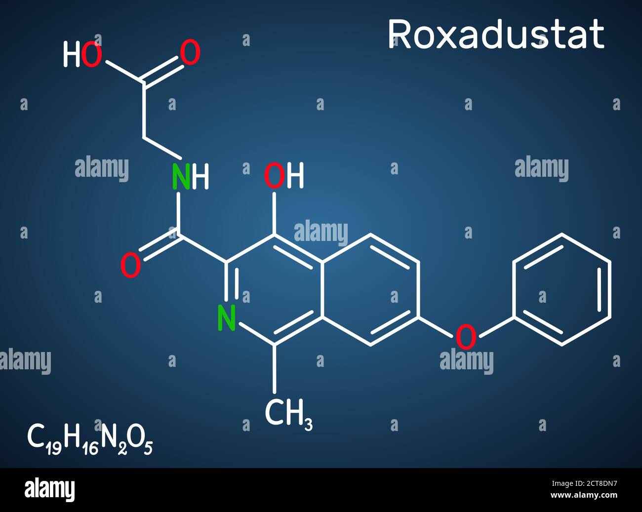 Molecola di Roxadustat. È un inibitore della prolil idrossilasi, stimola la produzione di emoglobina e globuli rossi. Formula chimica strutturale sul d Illustrazione Vettoriale