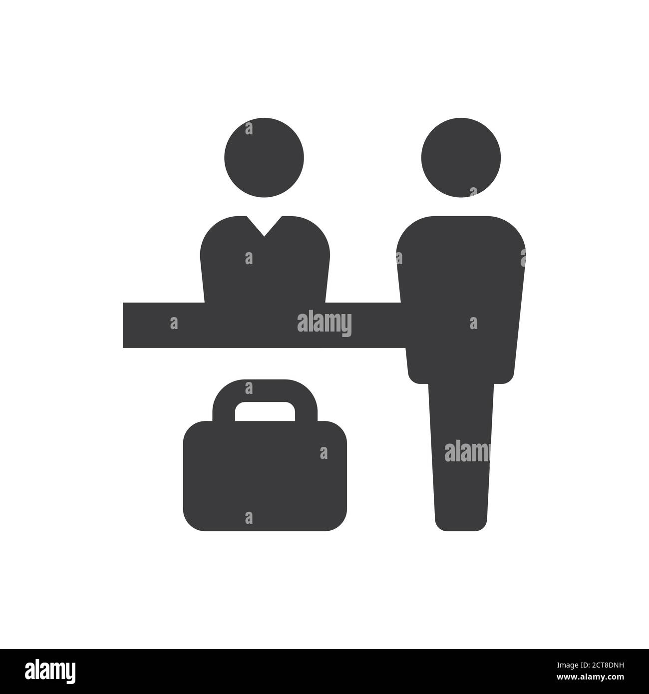 Icona vettoriale nera della reception dell'hotel. Scrivania del receptionist e valigia simbolo di glifo semplice. Illustrazione Vettoriale