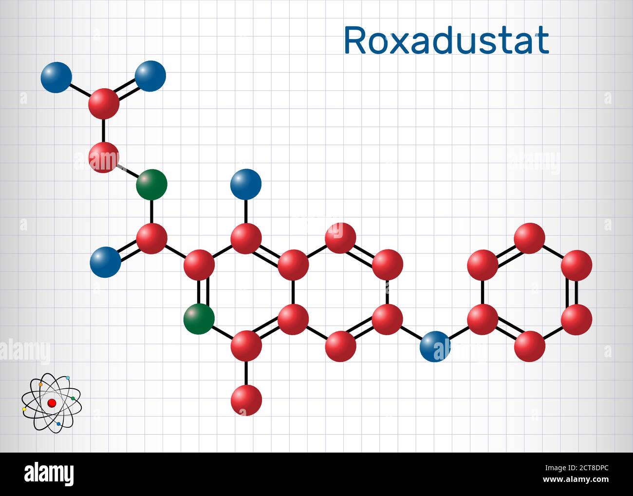 Molecola di Roxadustat. È un inibitore della prolil idrossilasi, stimola la produzione di emoglobina e globuli rossi. Foglio di carta in gabbia. Vettore ill Illustrazione Vettoriale