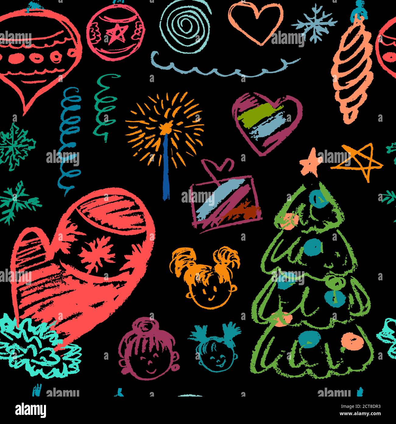 Anno nuovo 2019. Il modello senza giunture di nuovo anno. Disegni per bambini pastelli di cera. Fiocchi di neve, regali, albero di Natale, giocattoli di pelliccia-albero, bambini, mittens Illustrazione Vettoriale