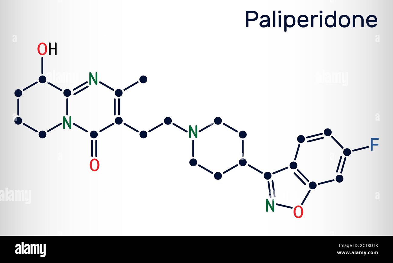 Paliperidone, molecola di 9-idrossirisperidone. E' un antipsicotico atipico che viene usato nel trattamento della schizofrenia. Forma chimica scheletrica Illustrazione Vettoriale