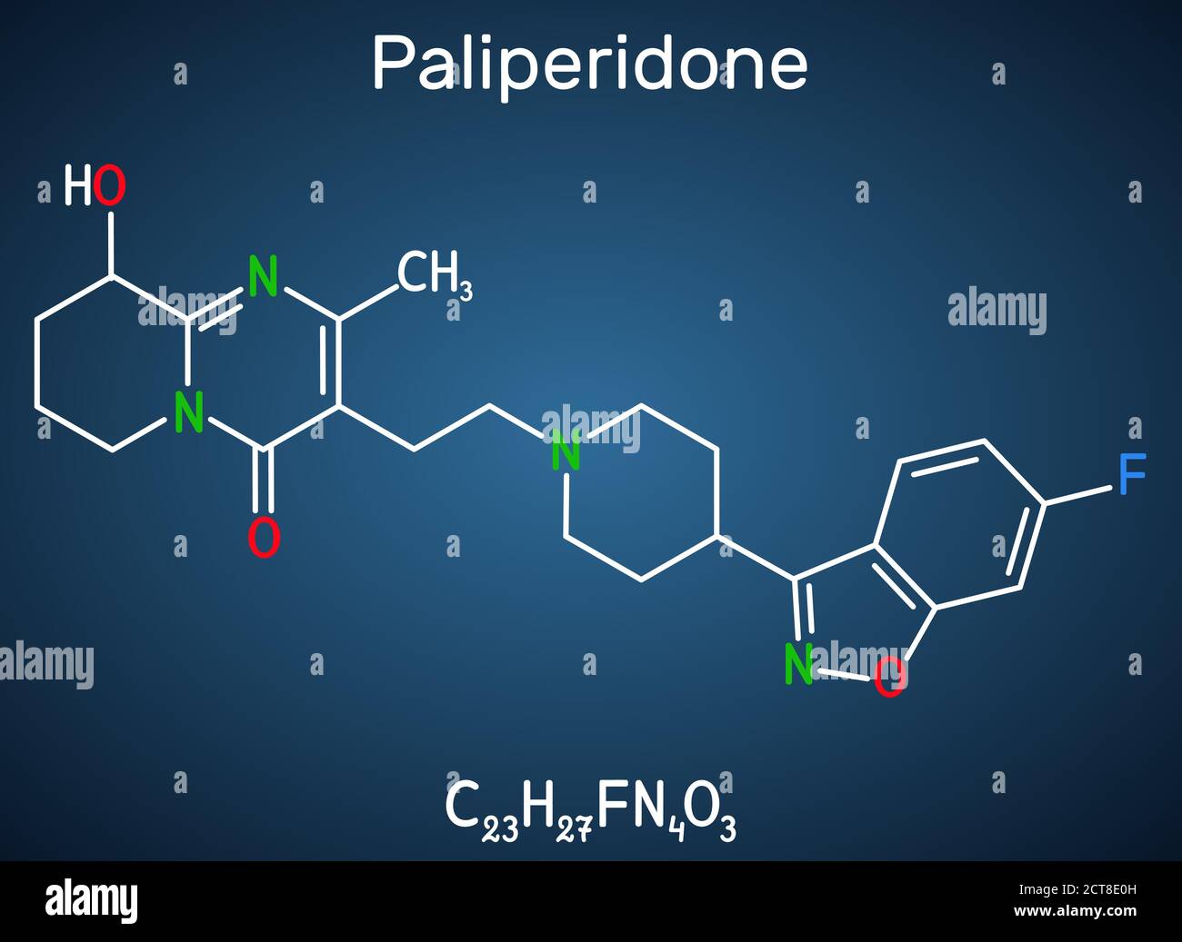 Paliperidone, molecola di 9-idrossirisperidone. E' un antipsicotico atipico che viene usato nel trattamento della schizofrenia. Sostanza chimica strutturale fo Illustrazione Vettoriale