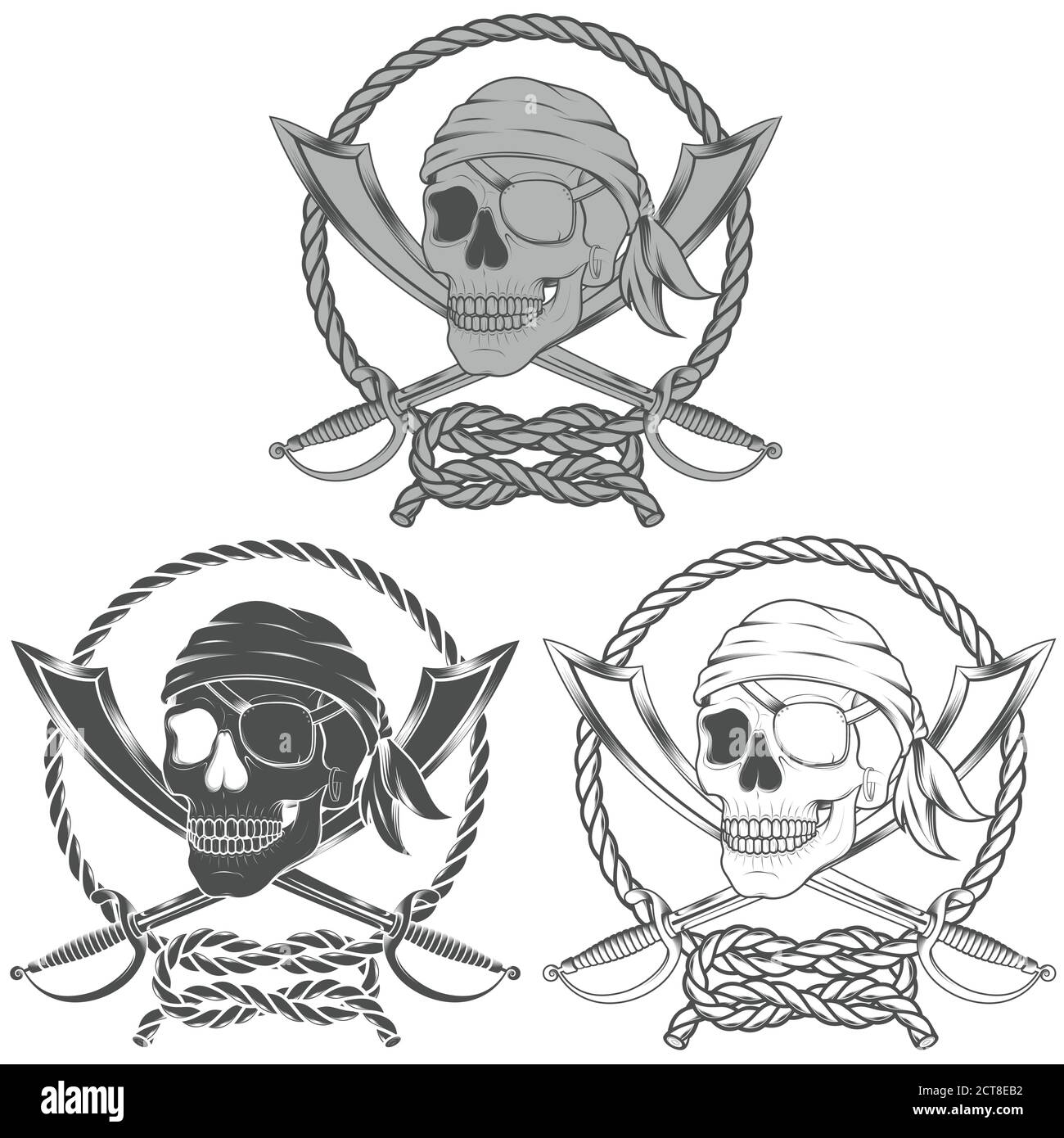Illustrazione vettoriale di un cranio pirata con due spade circondate da corda intrecciata, scala di grigi Illustrazione Vettoriale