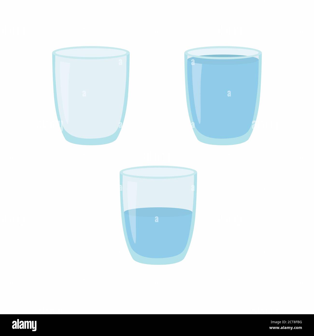 Vetro dell'acqua vuoto, a metà e pieno. Illustrazione vettoriale. Illustrazione Vettoriale