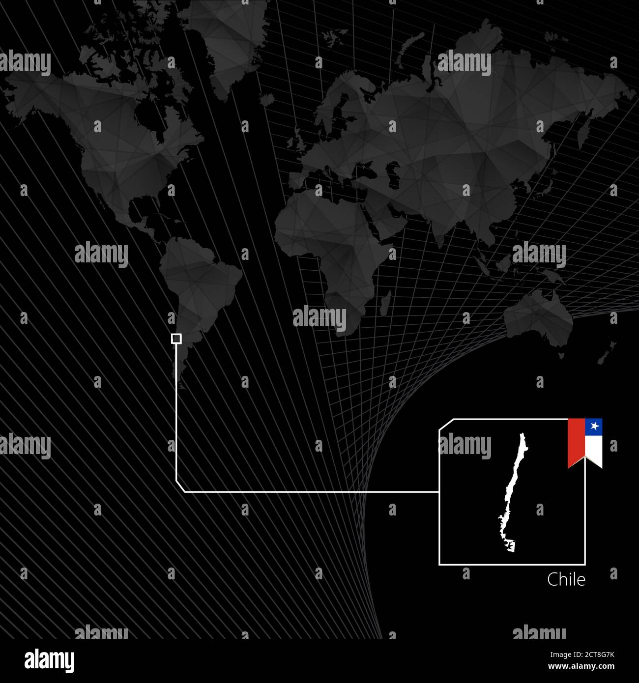 Il Cile sulla carta nera del mondo. Mappa e bandiera del Cile. Illustrazione Vettoriale