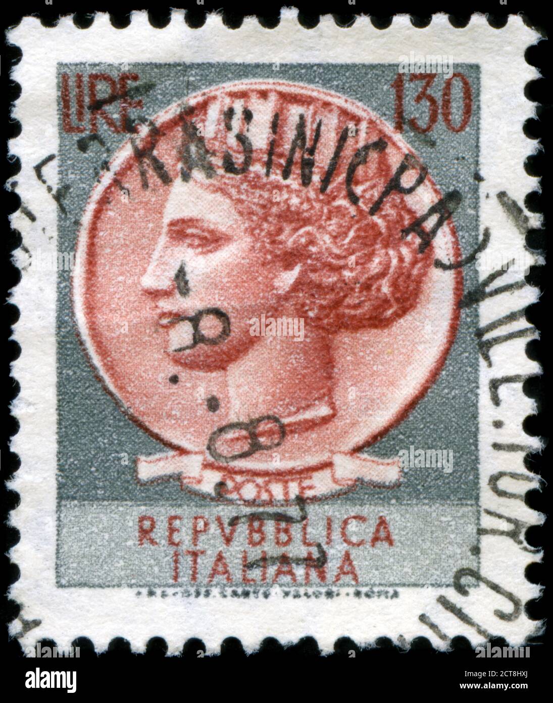 Francobollo dall'Italia nella serie Coin of Syracuse rilasciato nel 1966 Foto Stock