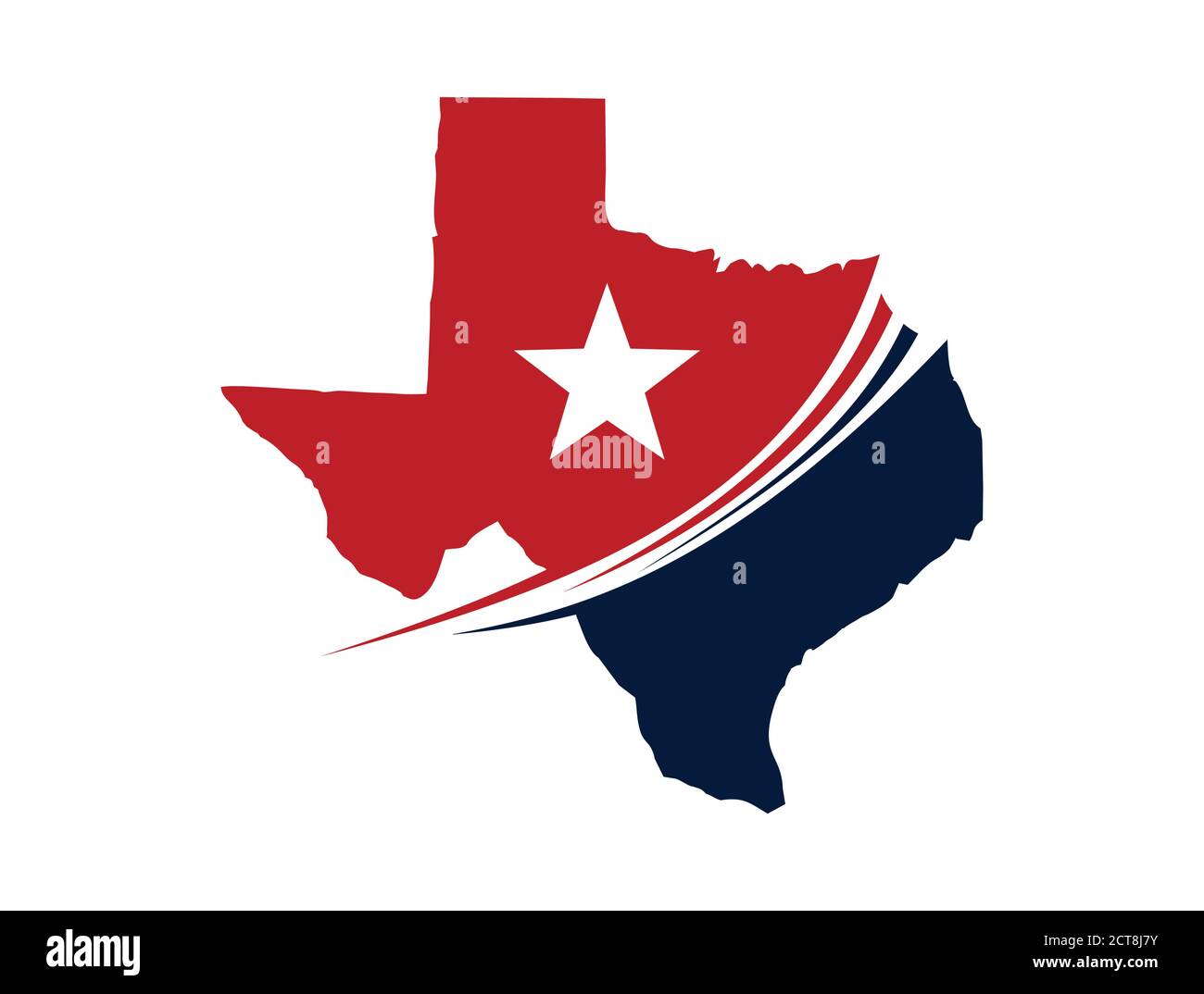 Un'illustrazione vettoriale di Texas Map con il logo Swoosh a stella accedi alla combinazione di colori rosso e blu Illustrazione Vettoriale