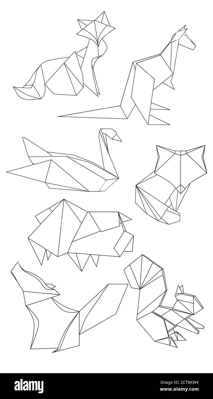 Set di animali con contorno poligonale. Elementi vettoriali in bianco e nero per il tuo progetto Illustrazione Vettoriale