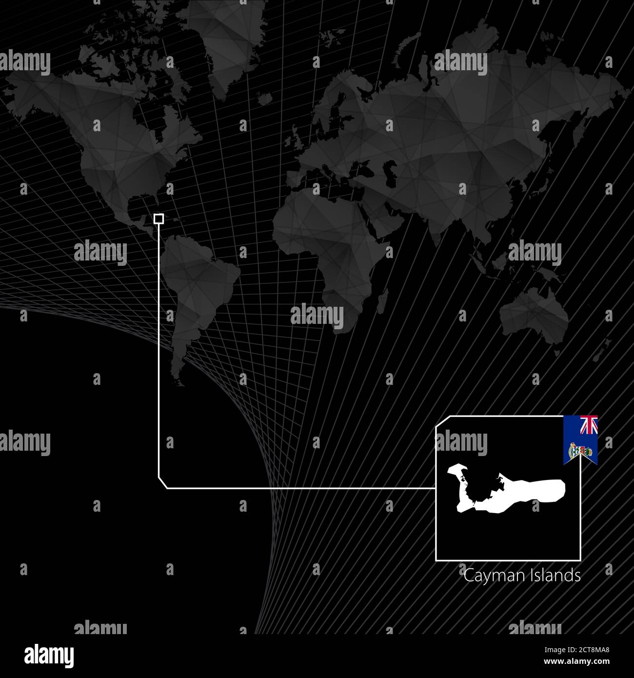 Isole Cayman sulla mappa nera del mondo. Mappa e bandiera delle Isole Cayman. Illustrazione Vettoriale