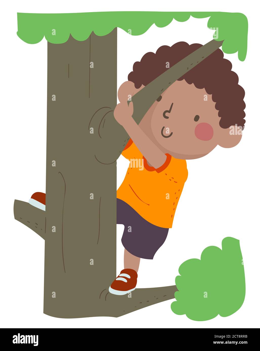 Illustrazione di un ragazzo Kid che arrampica un albero, una memoria dell'infanzia Foto Stock