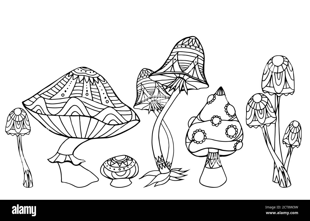 Impostare i funghi con modello boho. Modello di doodle. Elemento vettoriale per tatuaggio, stampa su T-shirt e la tua creatività e design Illustrazione Vettoriale