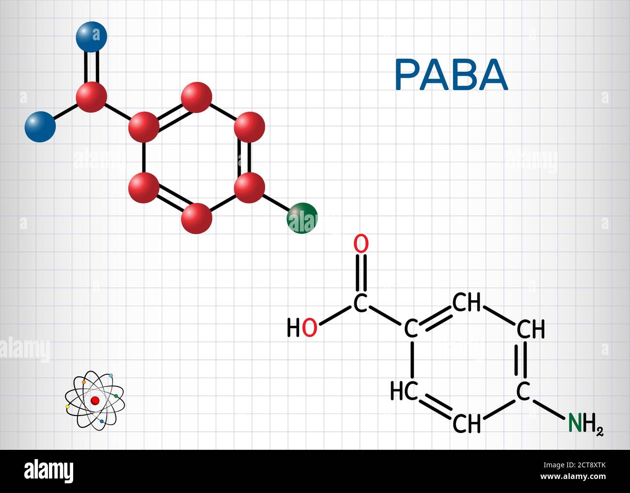 Acido 4-amminobenzoico, acido p-amminobenzoico, molecola PABA. È un nutriente essenziale per alcuni batteri e membri del complesso della vitamina B. Foglio di carta in Illustrazione Vettoriale