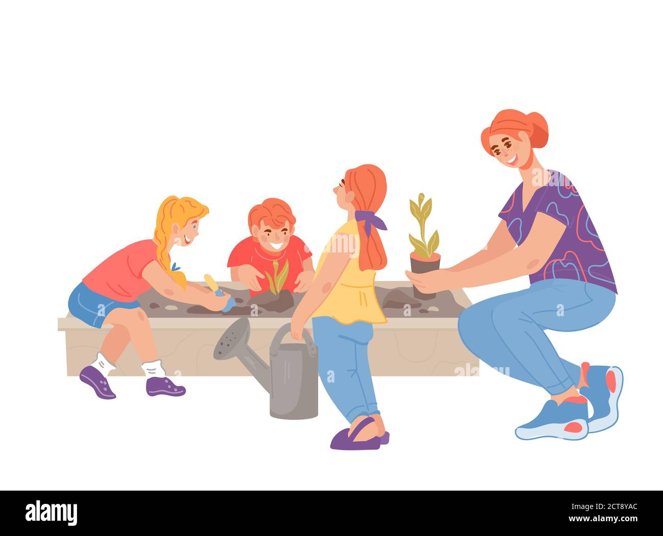 Insegnante e bambini impegnati giardinaggio in asilo o cortile prescolare. Illustrazione Vettoriale