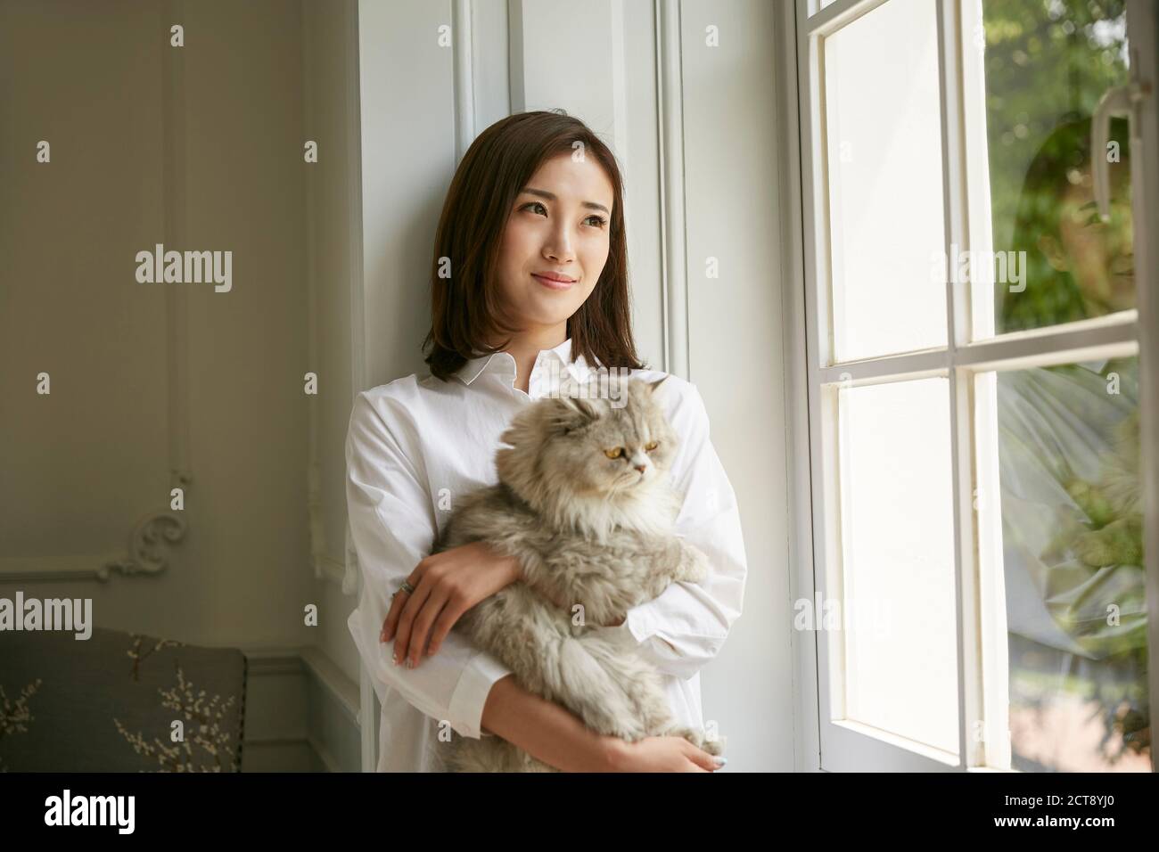 bella giovane donna asiatica in piedi dalla finestra a casa tenuta un gatto in armi che guarda sereno e soddisfatto Foto Stock