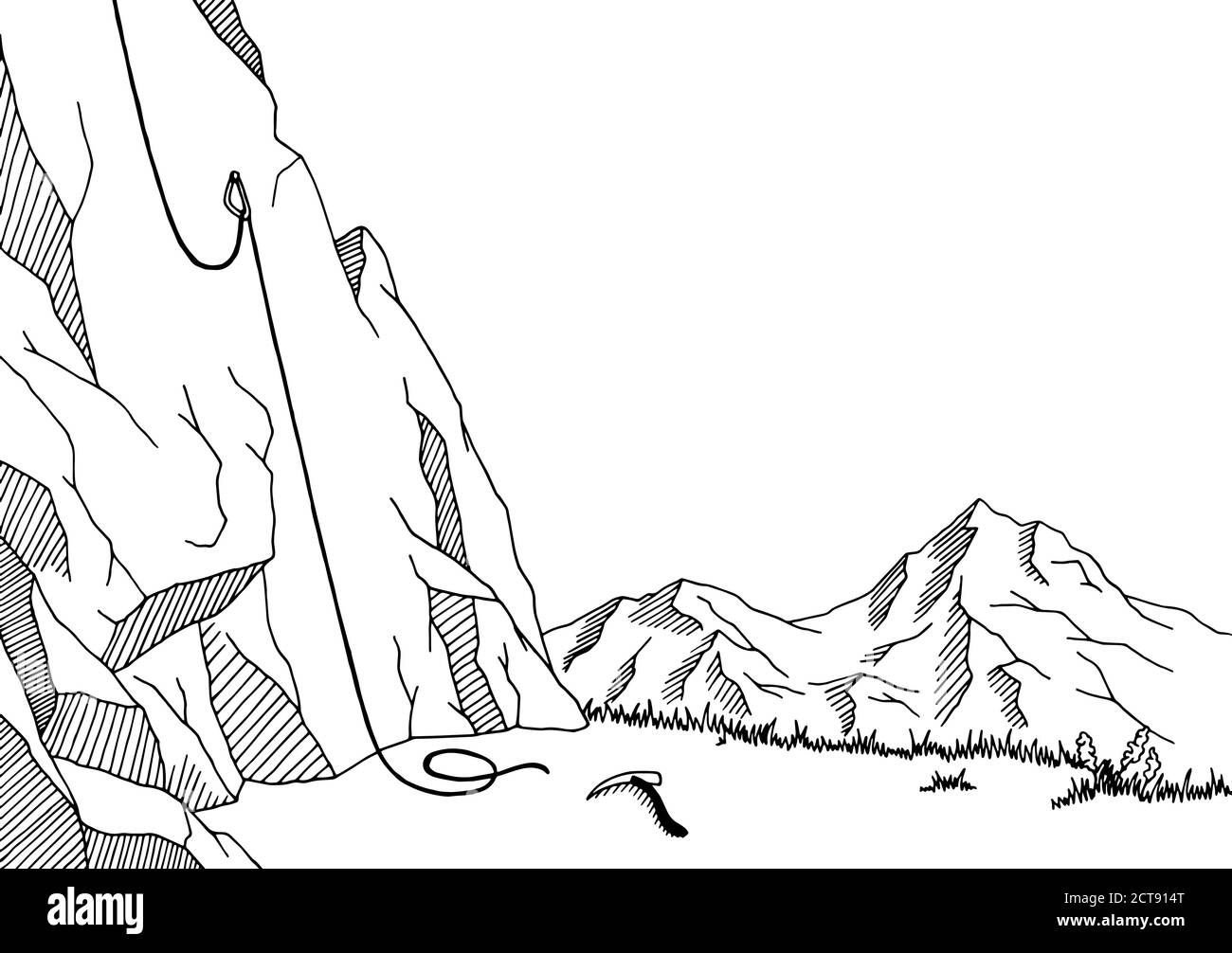 Scogliera alpinismo grafico arte bianco nero disegno paesaggio vettore illustrazione Illustrazione Vettoriale