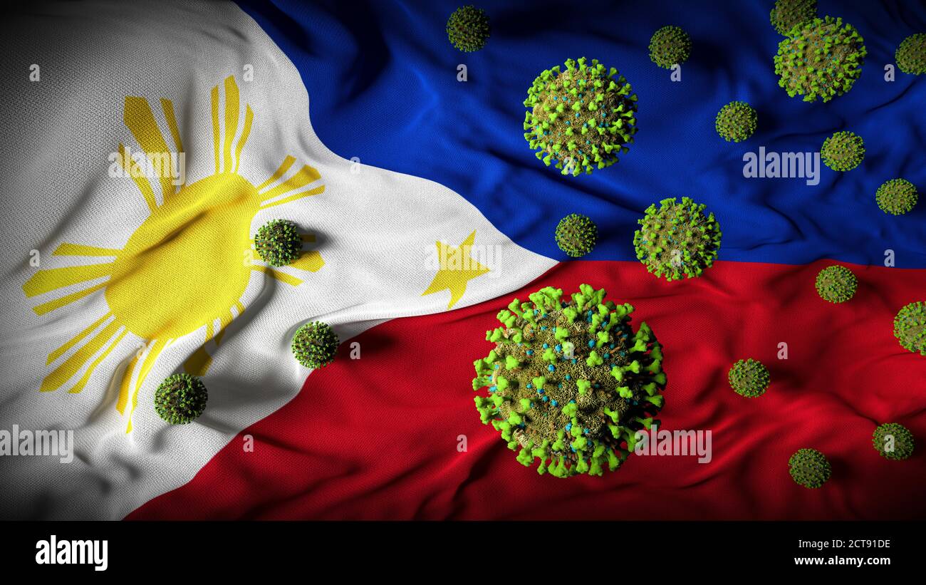 COVID-19 molecole di Coronavirus sulla bandiera filippina - crisi sanitaria filippina Aumento dei casi di COVID - il virus Filippine Pandemic vittime Abstract Coperchio Foto Stock