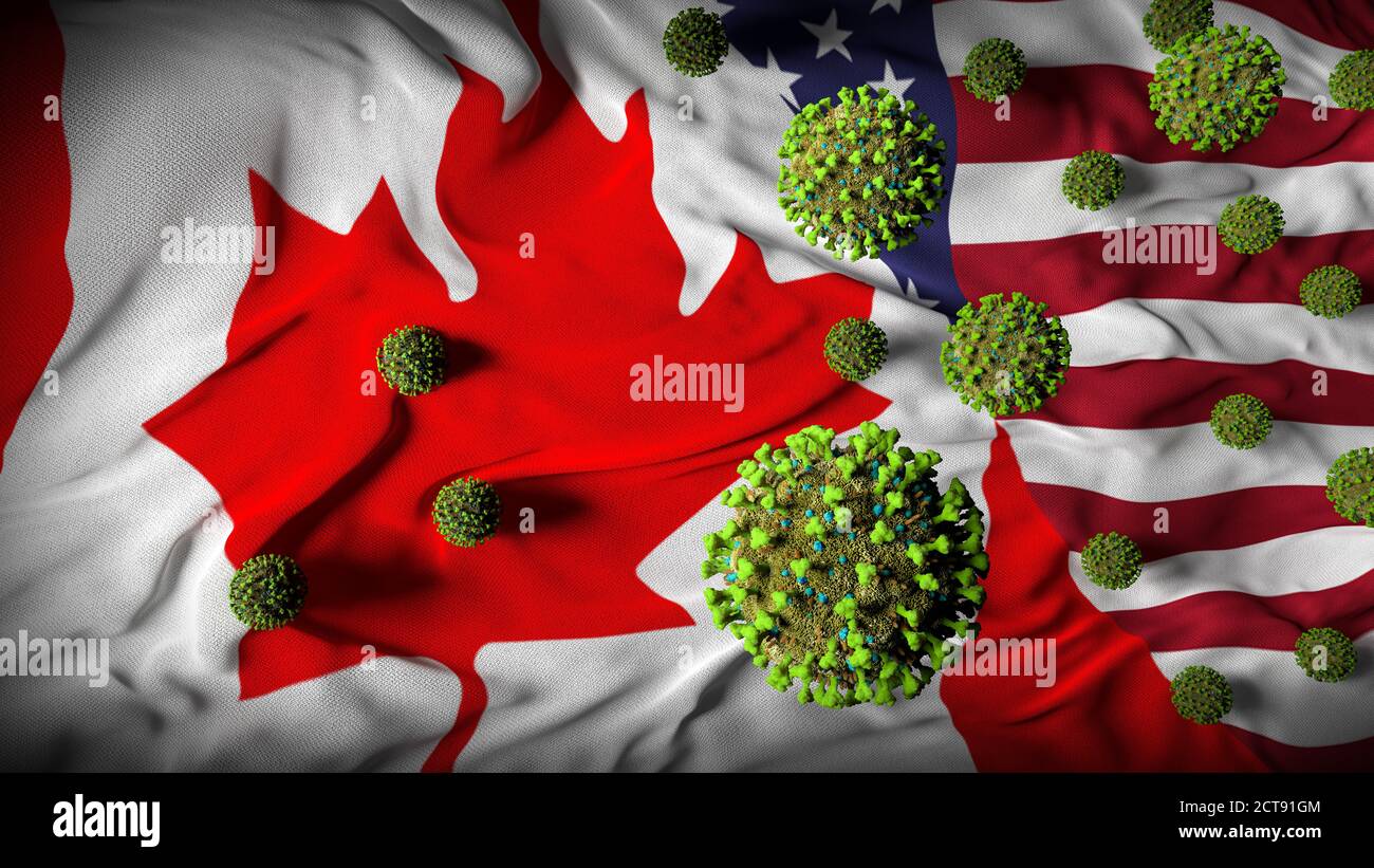 COVID-19 molecole di Coronavirus su Bandiera combinata degli Stati Uniti canadesi - Border Concetto di relazioni - crisi sanitaria in aumento casi - Canada USA Virus Pandemico Foto Stock