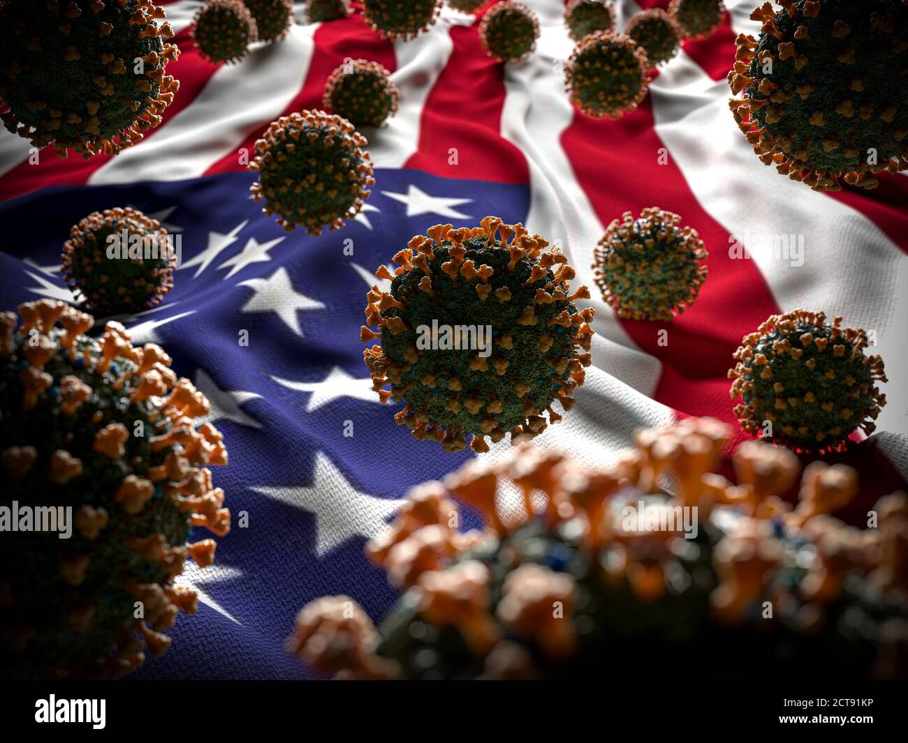 COVID-19 molecole di Coronavirus sulla bandiera degli Stati Uniti - crisi sanitaria - Principali casi e vittime di COVID paese - USA Nation Virus Trasmissione pandemica Foto Stock