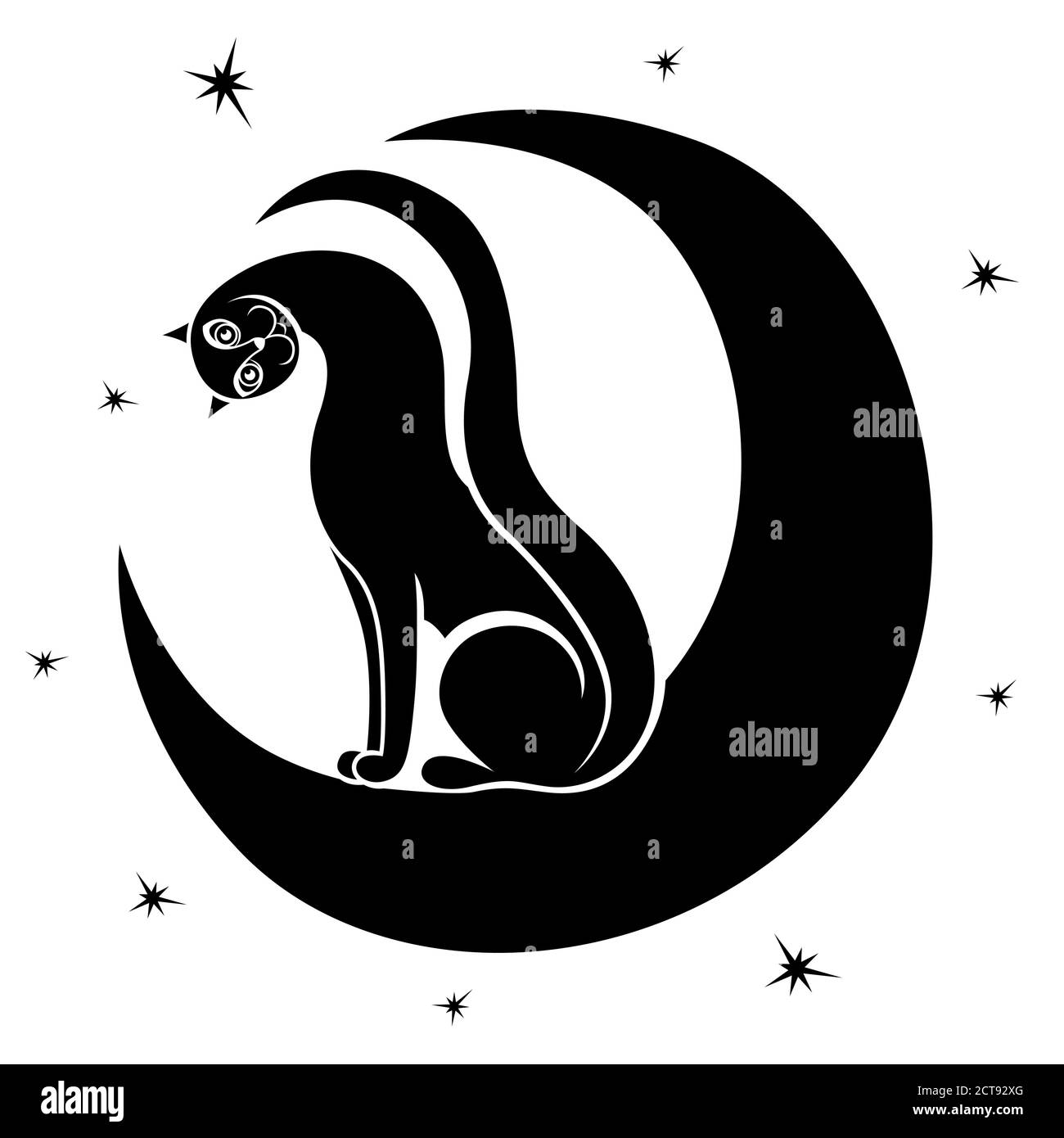 Contorno di gatto divertente su sfondo lunare, isolato vettore nero mano disegno su bianco Illustrazione Vettoriale