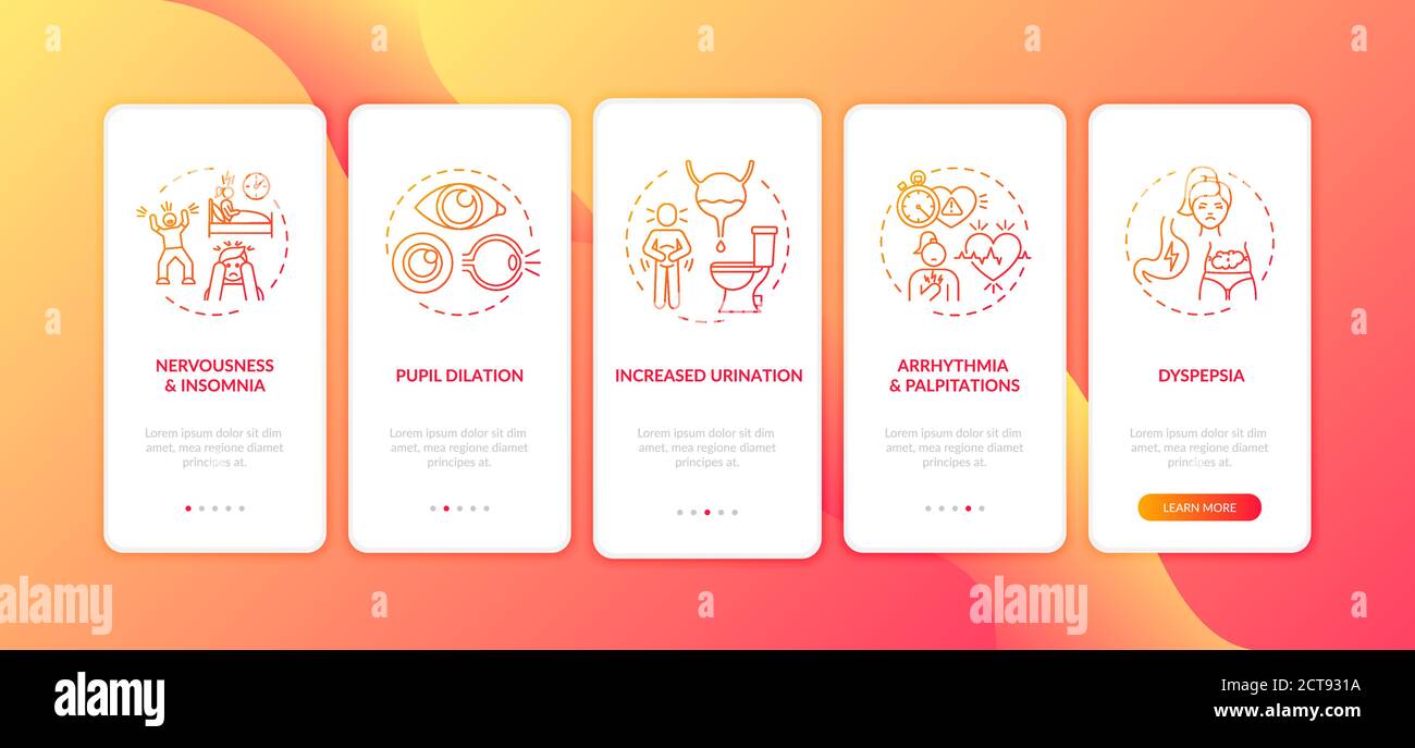 Overdose di caffeina conseguenze onboarding pagina app mobile con concetti Illustrazione Vettoriale