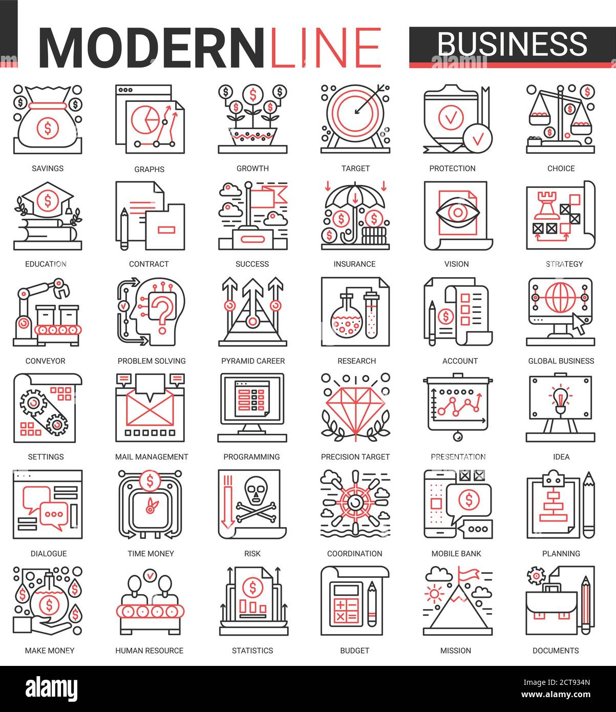 Business complesso concetto sottile rosso linea nera icona vettore insieme con contorno infografica simboli di successo strategia di business per la crescita di risparmio di denaro, budget di pianificazione di successo e lavoro d'ufficio Illustrazione Vettoriale