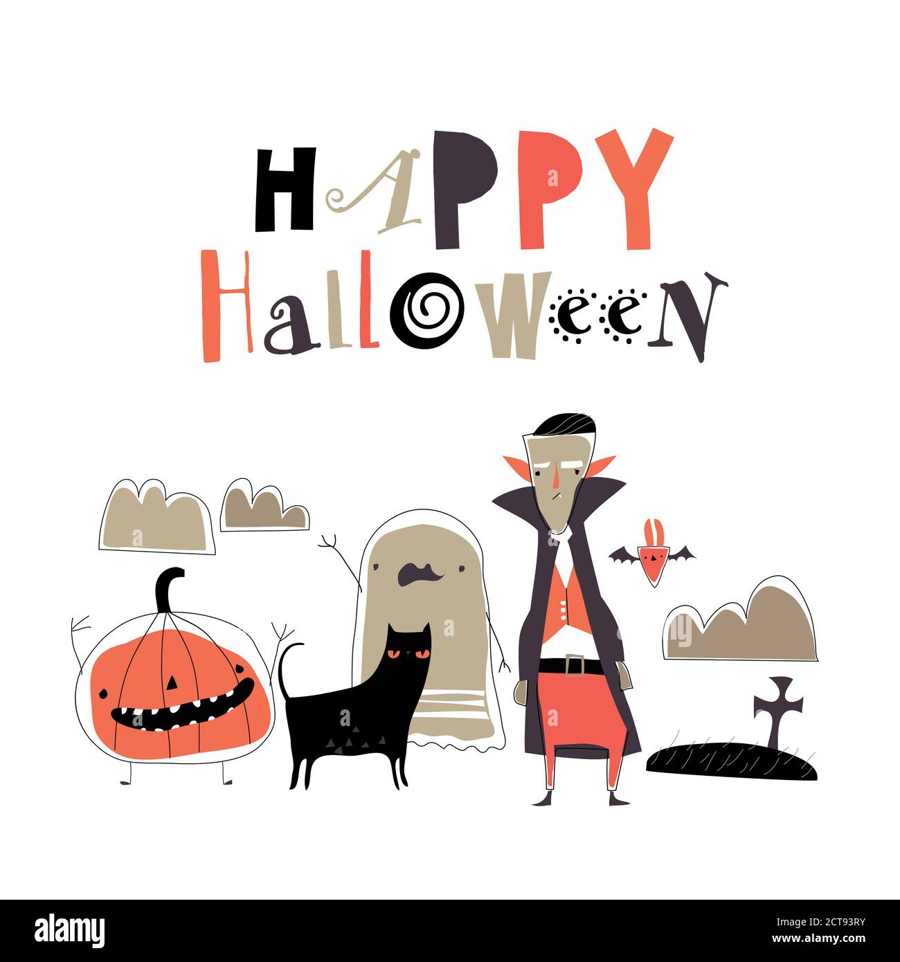 Cartoon simpatici mostri halloween su sfondo bianco Illustrazione Vettoriale