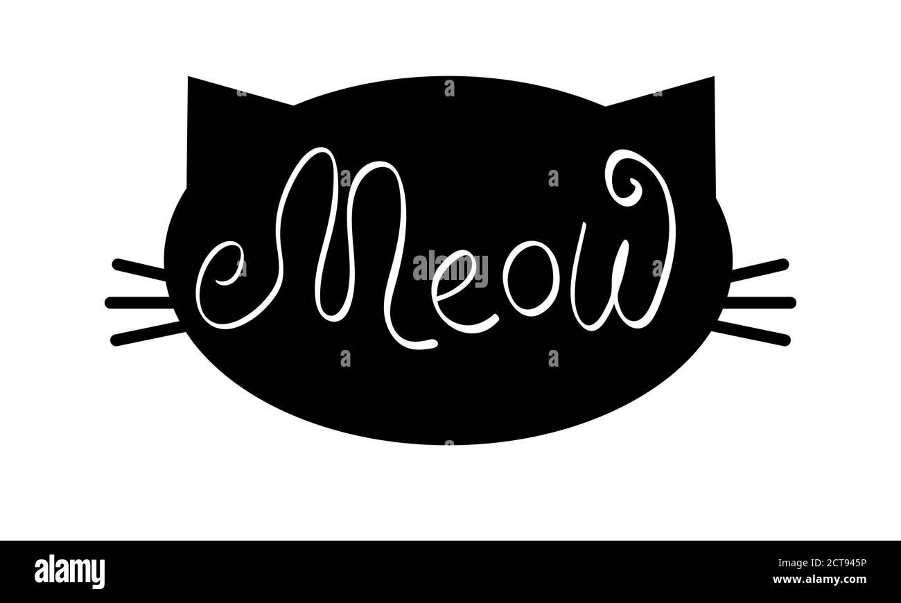 Scritta Meow con silhouette della testa dei gatti. Isolato su sfondo bianco. Illustrazione vettoriale. Illustrazione Vettoriale