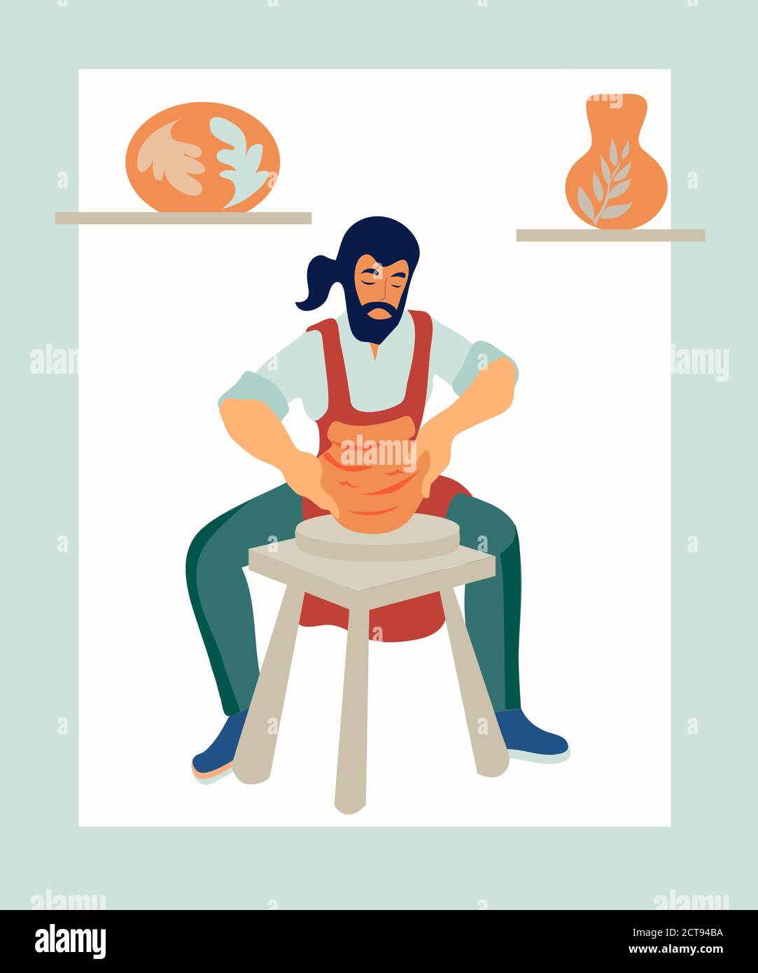 Ceramista lavora alla ruota di un vasaio in un laboratorio di ceramica illustrazione vettoriale piatta Illustrazione Vettoriale