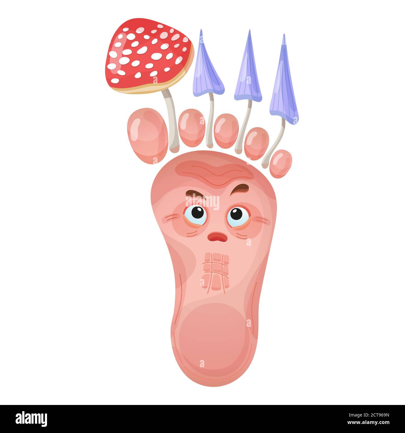 Foot unghie fungo vettore cartoon illustrazione. Funghi parassiti sulla gamba. Carattere con un'espressione triste. Concetto di infezione fungina sulla pelle dei piedi Illustrazione Vettoriale