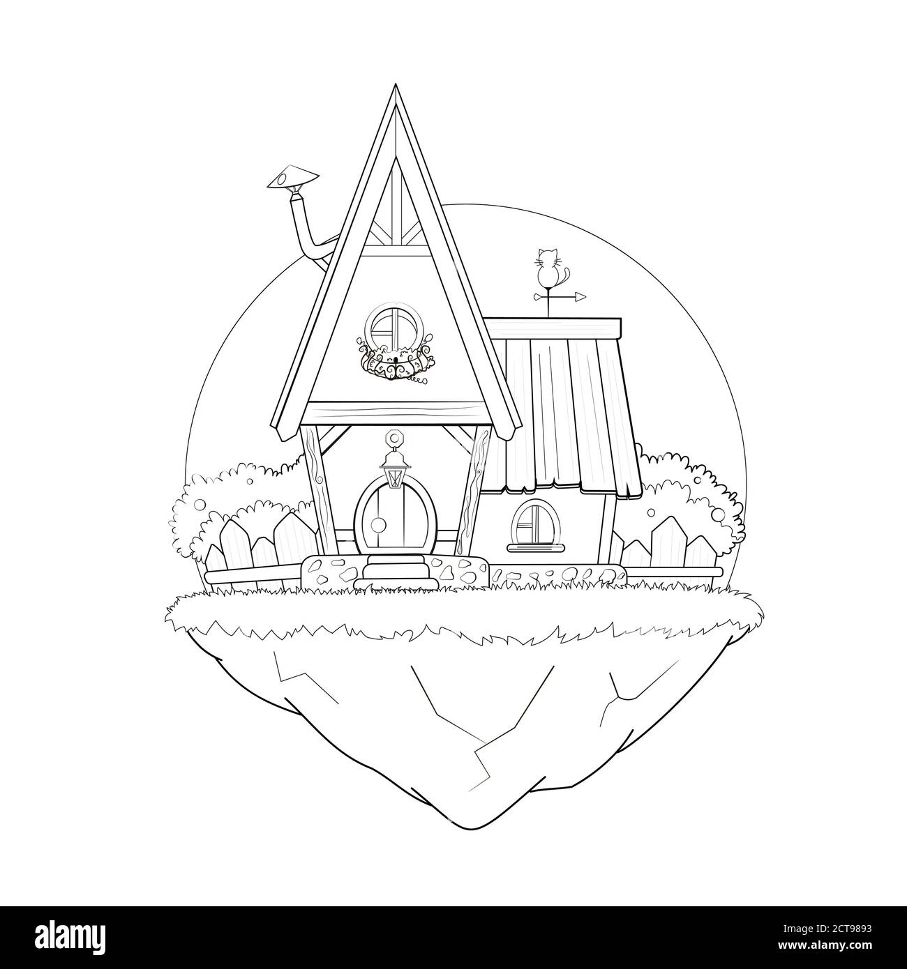 Cartoon piccola casa galleggiante isola linea arte Illustrazione Vettoriale