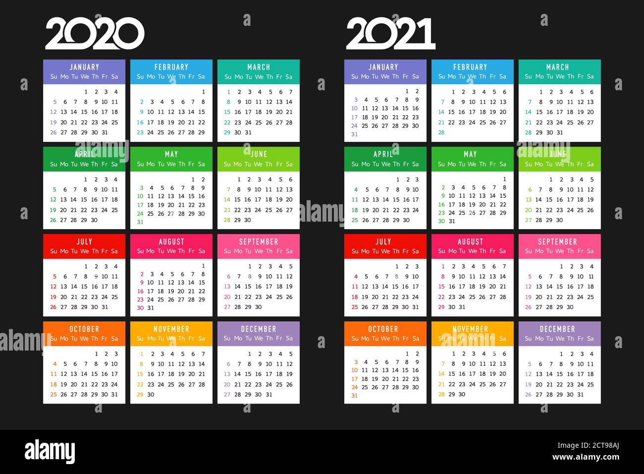 Calendario 2020 - 2021. Disposizione della tabella quadrata. Logotipo xmas in stile minimalismo. Modello grafico isolato astratto. Vacanze negli Stati Uniti. Nero bg. Illustrazione Vettoriale