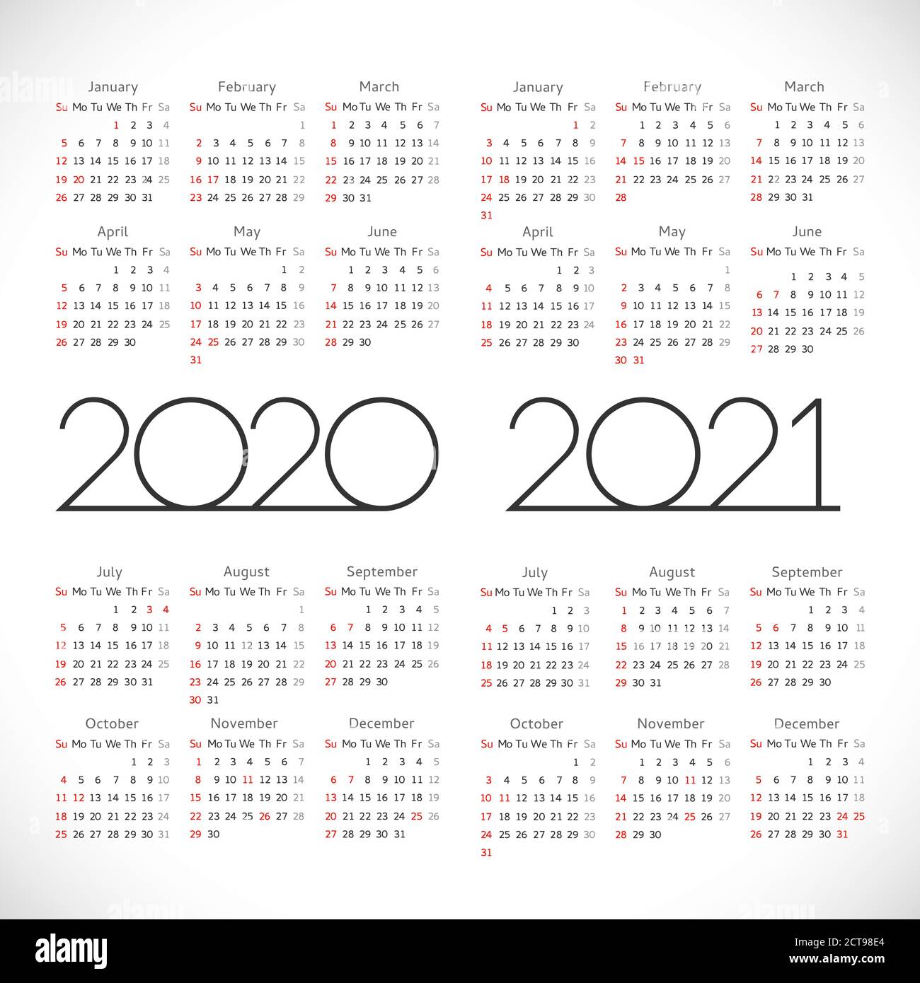 Calendario 2020 - 2021. Disposizione della tabella quadrata. Logotipo xmas in stile minimalismo. Modello grafico isolato astratto. Vacanze negli Stati Uniti. Colore bianco Illustrazione Vettoriale