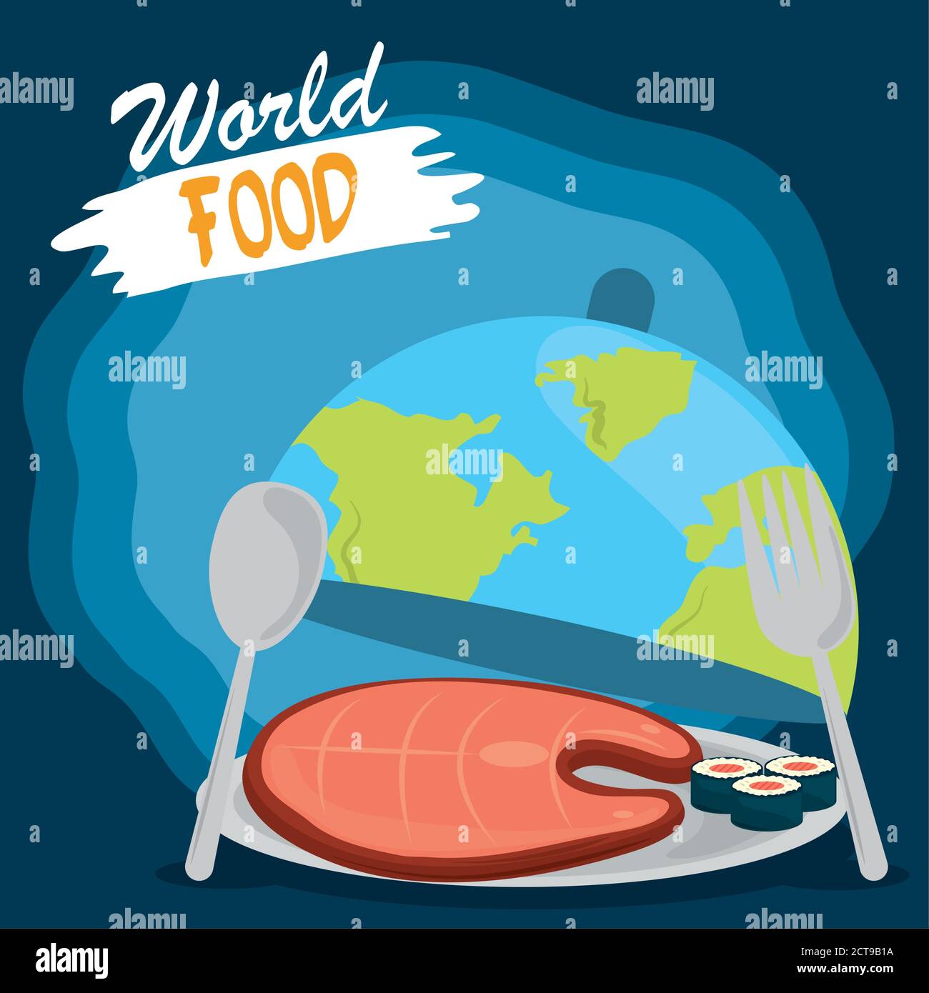 giornata alimentare mondiale, stile di vita sano pasto sushi e carne nel piatto pianeta illustrazione vettore Illustrazione Vettoriale