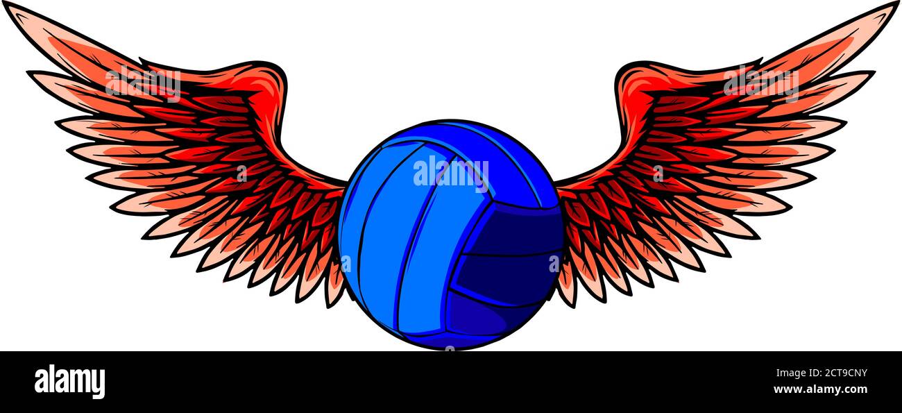 Palla volley realistica con ali rosse rialzate emblema vettore Illustrazione Vettoriale